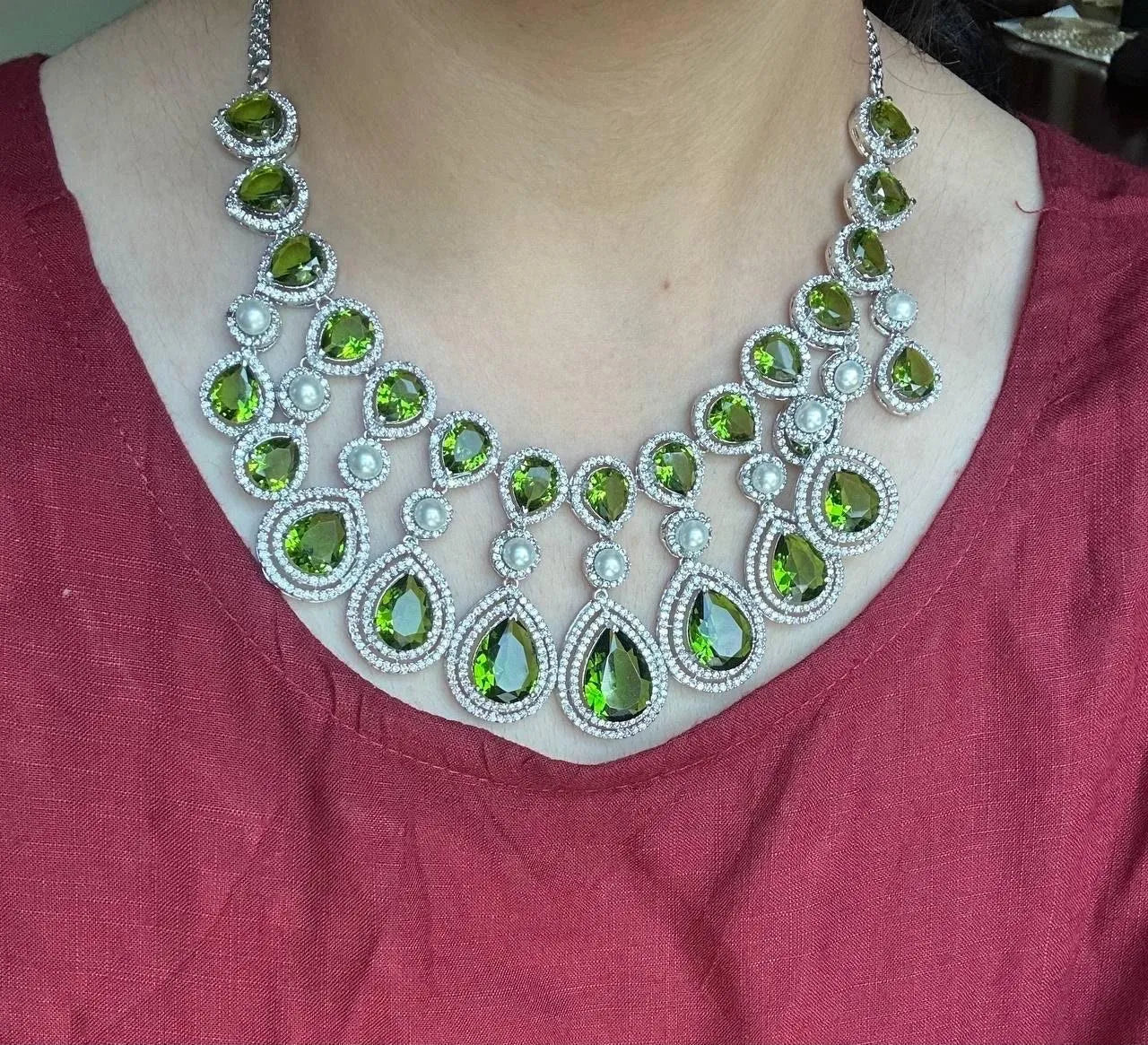 Nyra Peridot Mehendi Green CZ Pearl Necklace