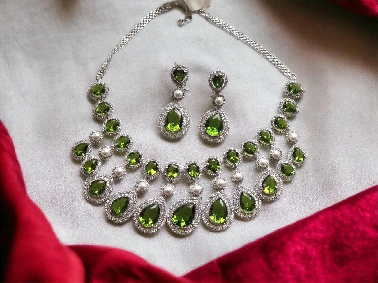 Nyra Peridot Mehendi Green CZ Pearl Necklace