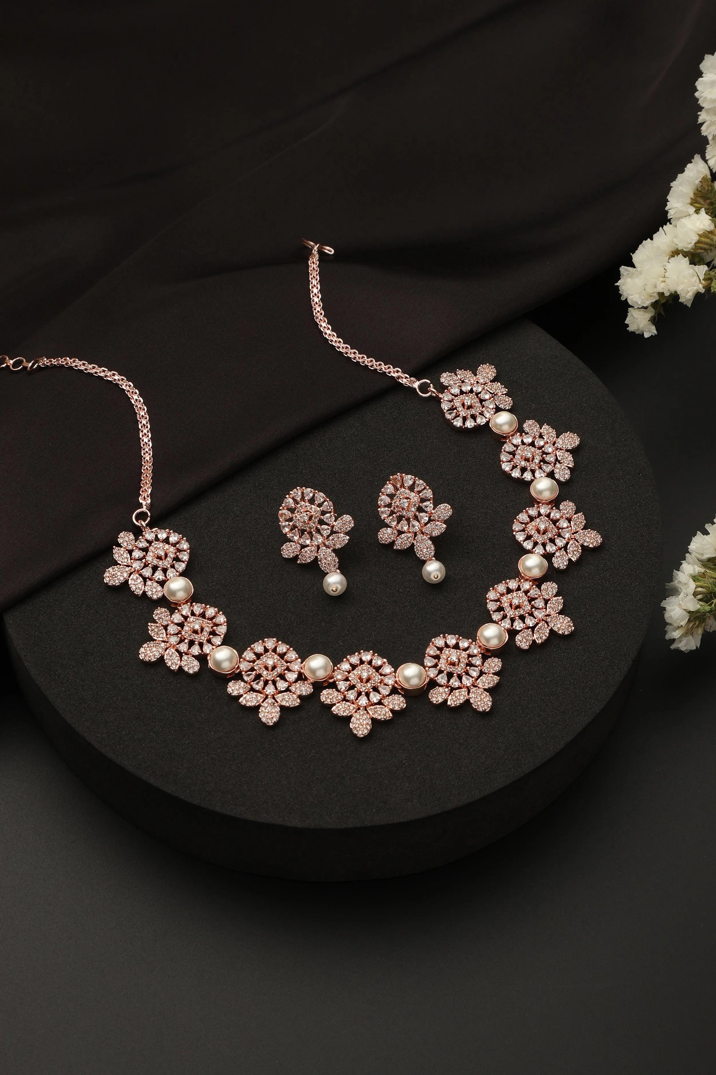 Ovi Rose Gold Pearl CZ Necklace