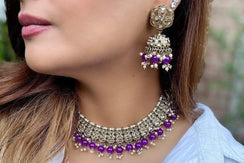Purple Gold Polki Choker with chaandbali and tikka