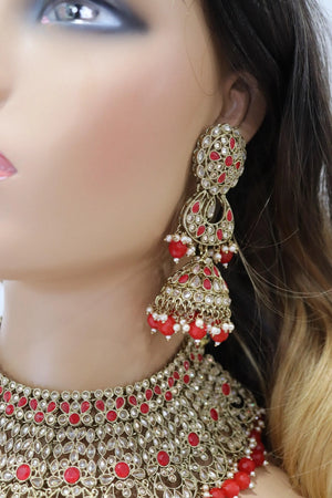 Red Antique Gold Polki Choker with Jhumka and tikka