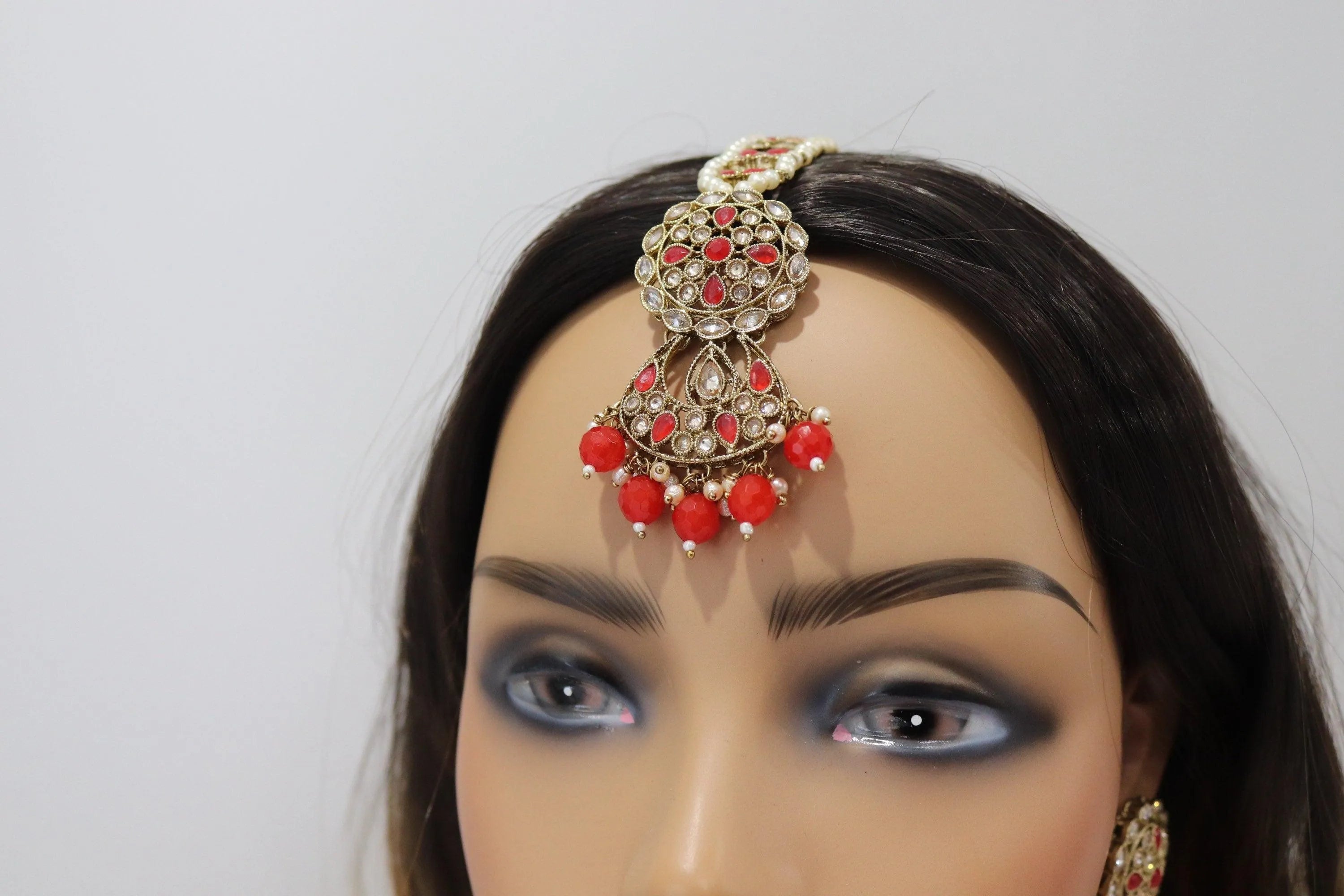 Red Antique Gold Polki Choker with Jhumka and tikka