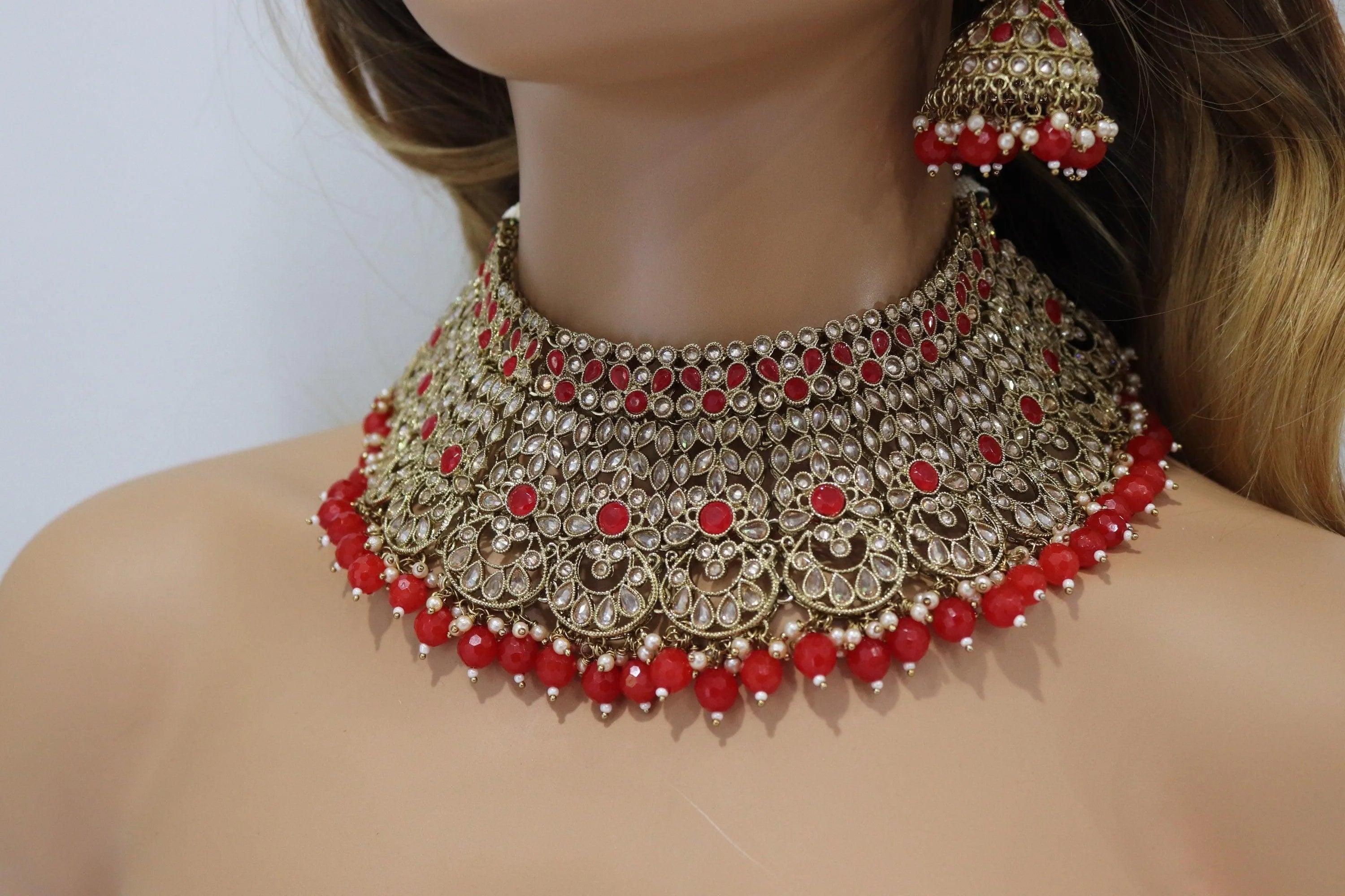 Red Antique Gold Polki Choker with Jhumka and tikka