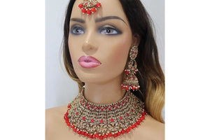 Red Antique Gold Polki Choker with Jhumka and tikka