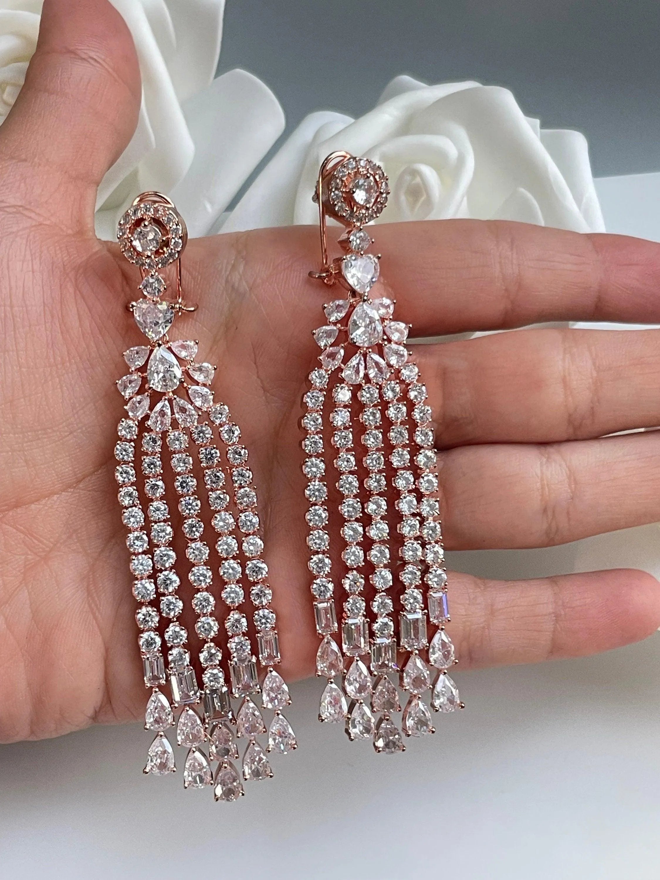 Rose Gold Waterfall CZ Earrings