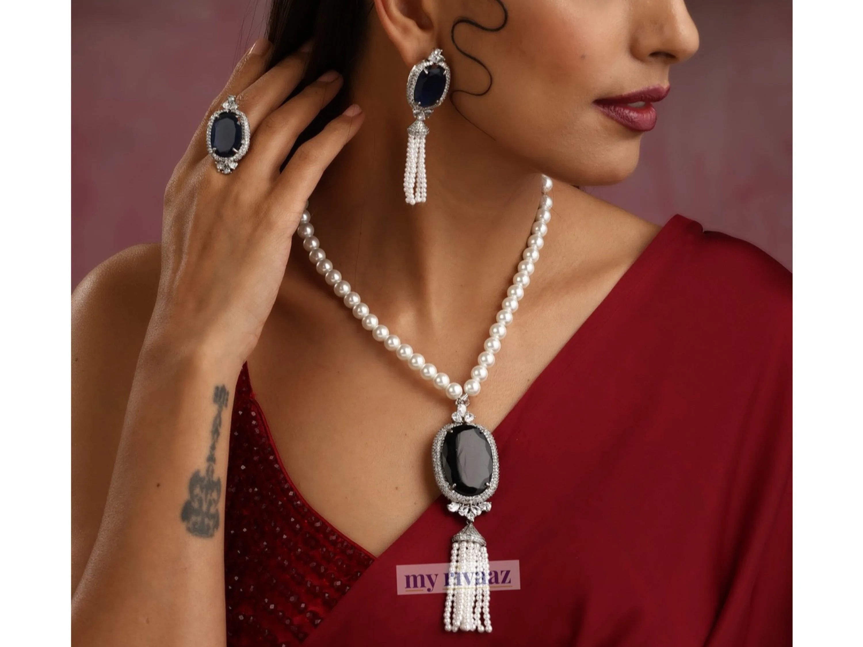 Sapphire Pearl Pendant long Necklace