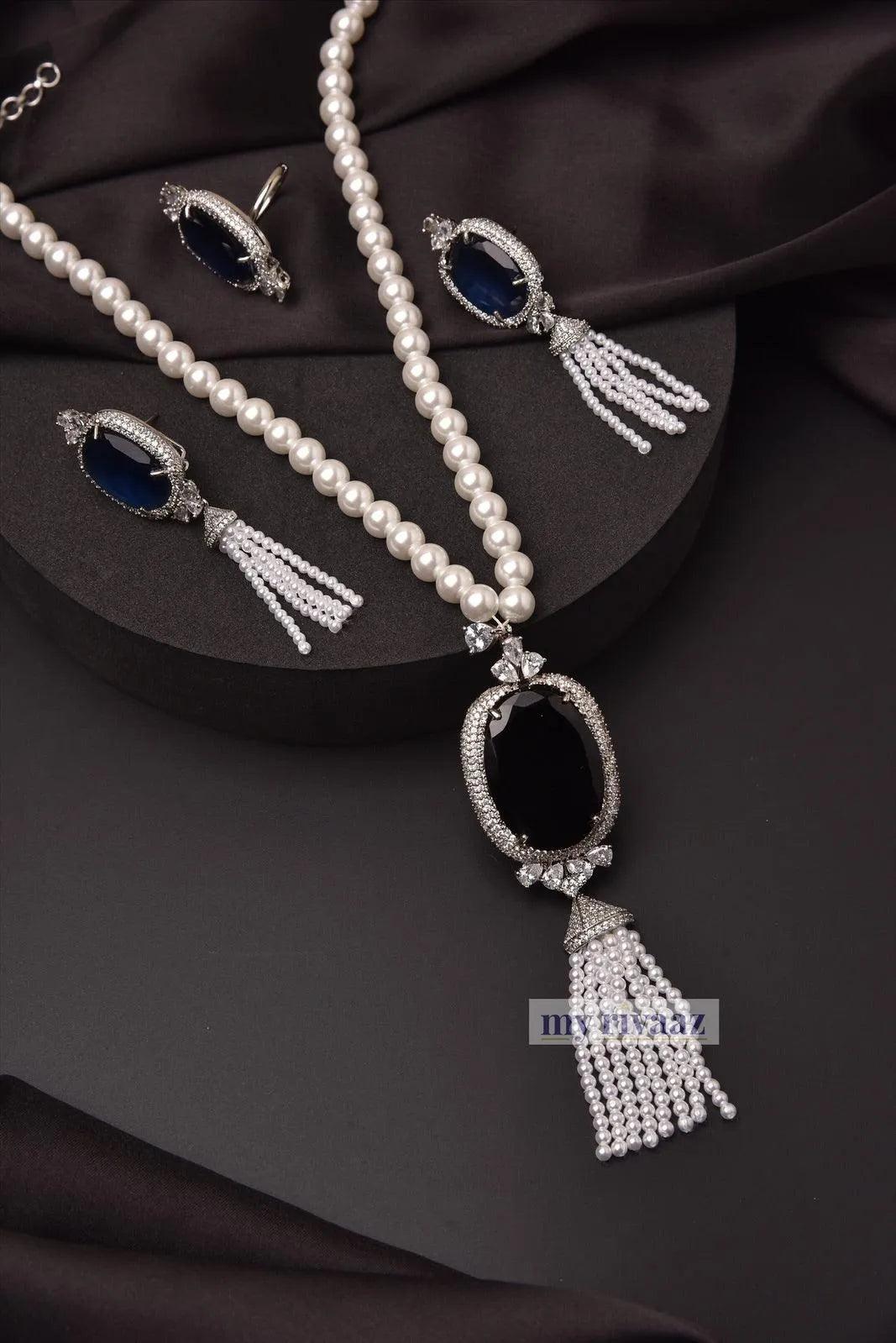 Sapphire Pearl Pendant long Necklace