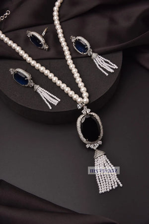 Sapphire Pearl Pendant long Necklace
