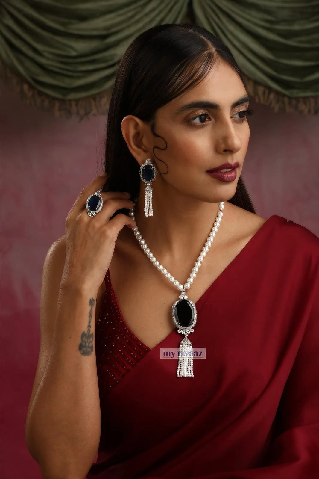 Sapphire Pearl Pendant long Necklace