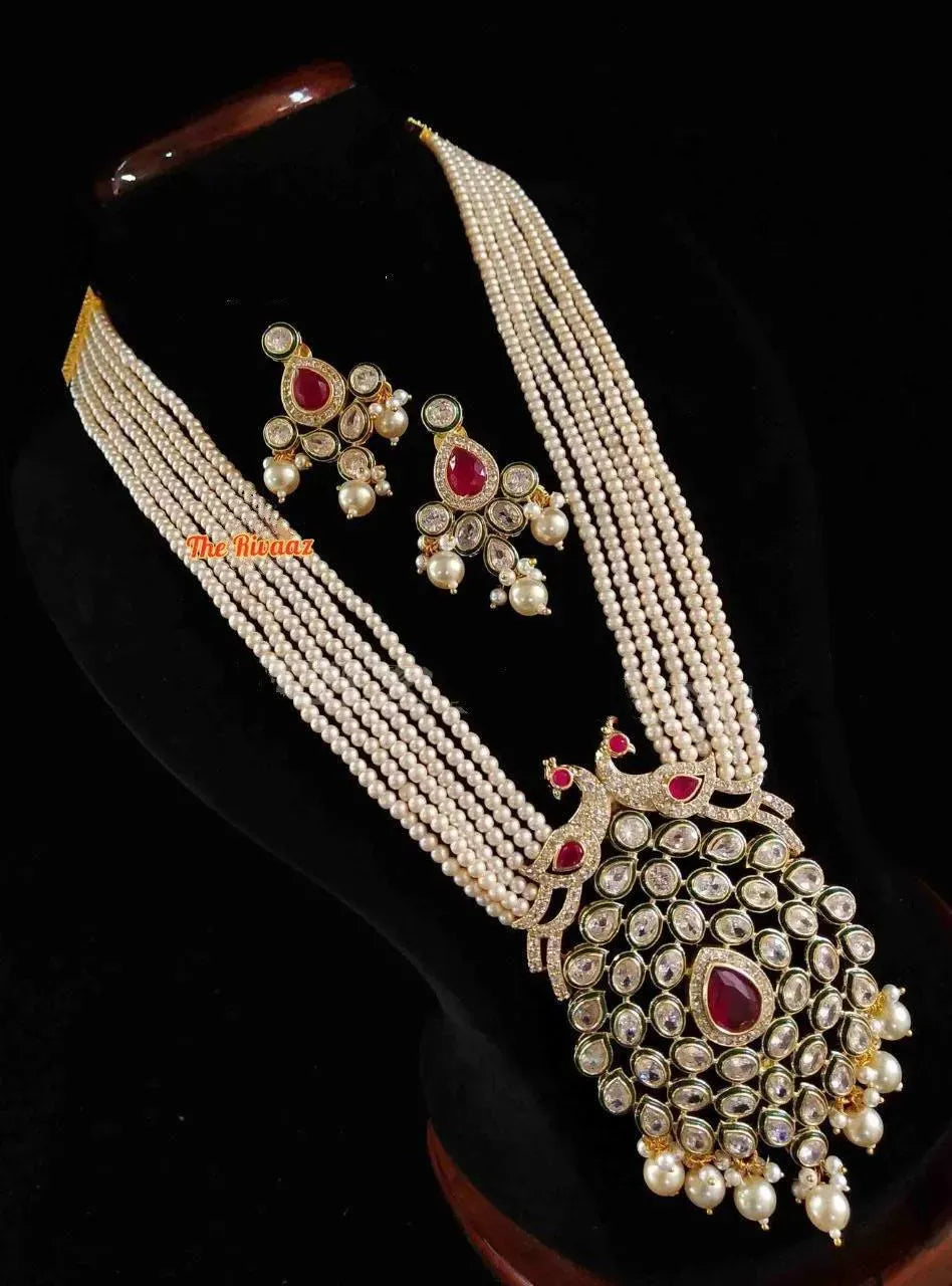 Sheena Pearl Kundan Long Peacock Necklace