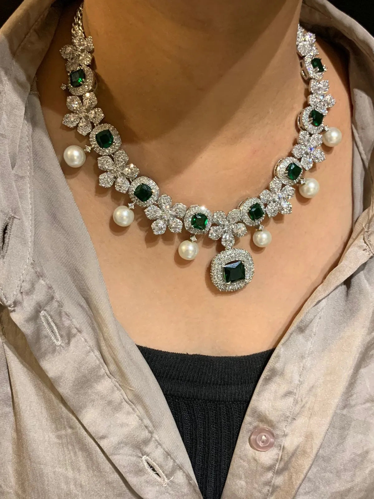 Sold Out Emerald Diamond Pearl Choker  Earrings / Indian jewelry/ Indian Choker/ Pakistani jewelry/ Bollywood jewelry/ Pakistani Necklace