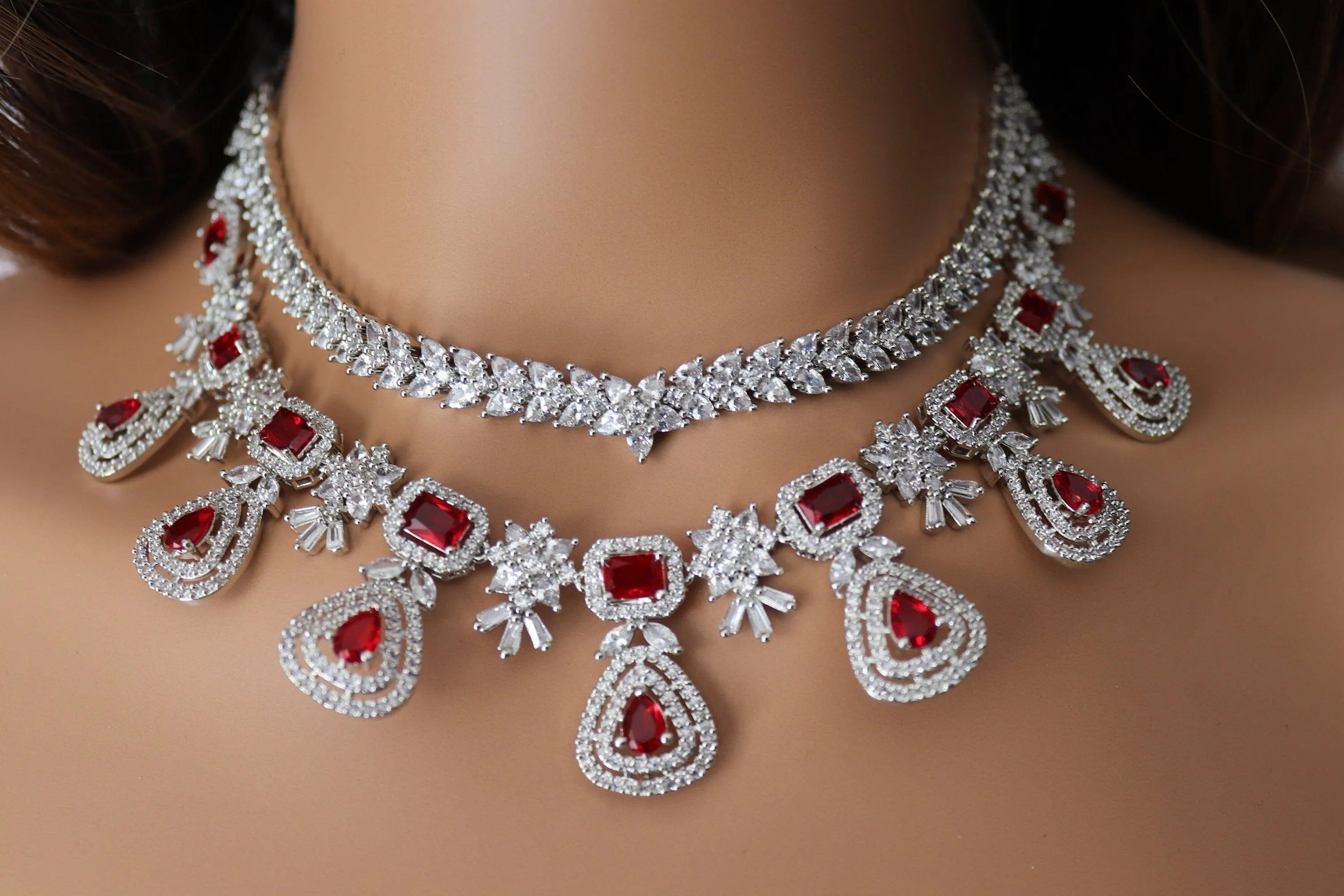 Two Layer Ruby Red Diamond CZ Necklace