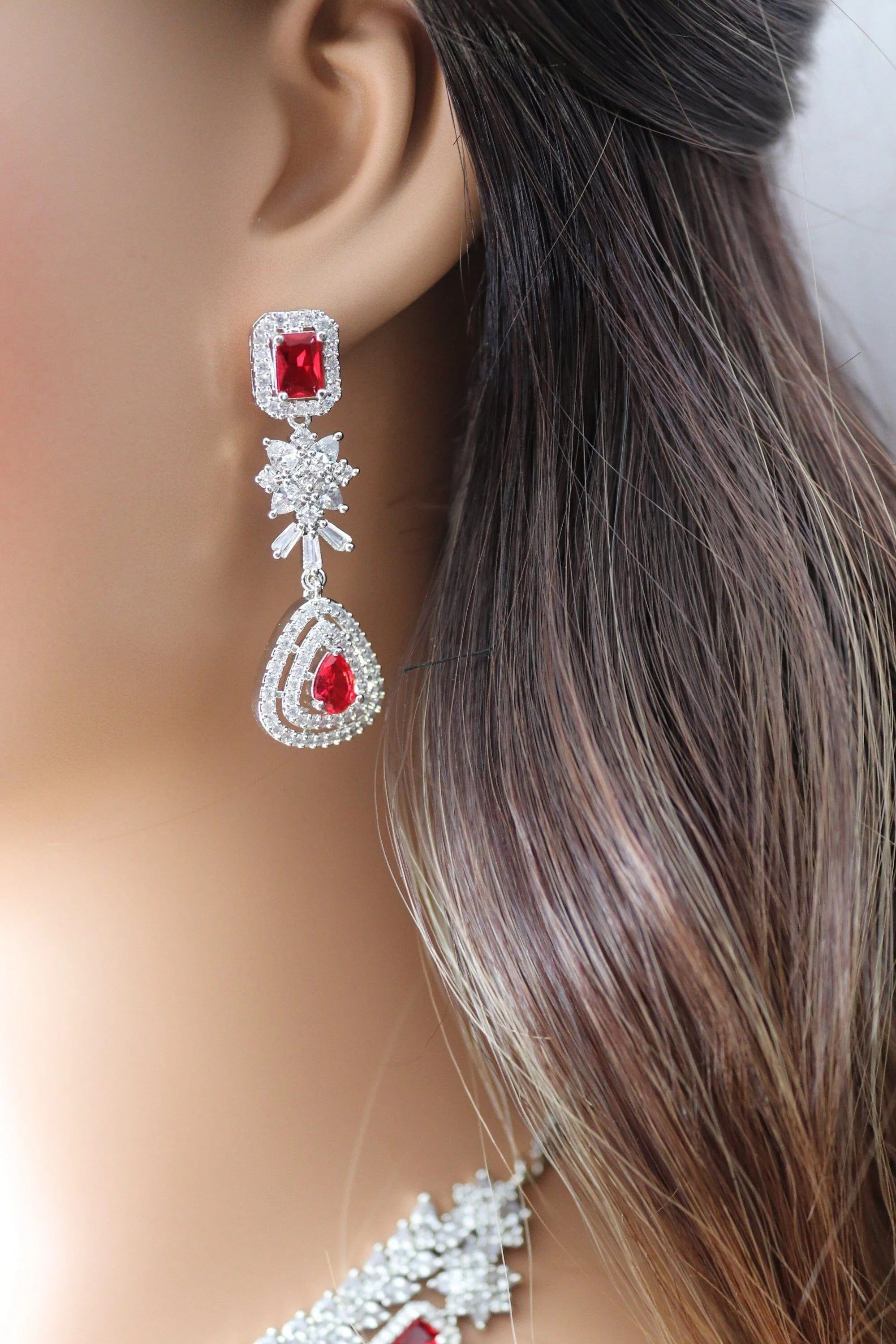 Two Layer Ruby Red Diamond CZ Necklace