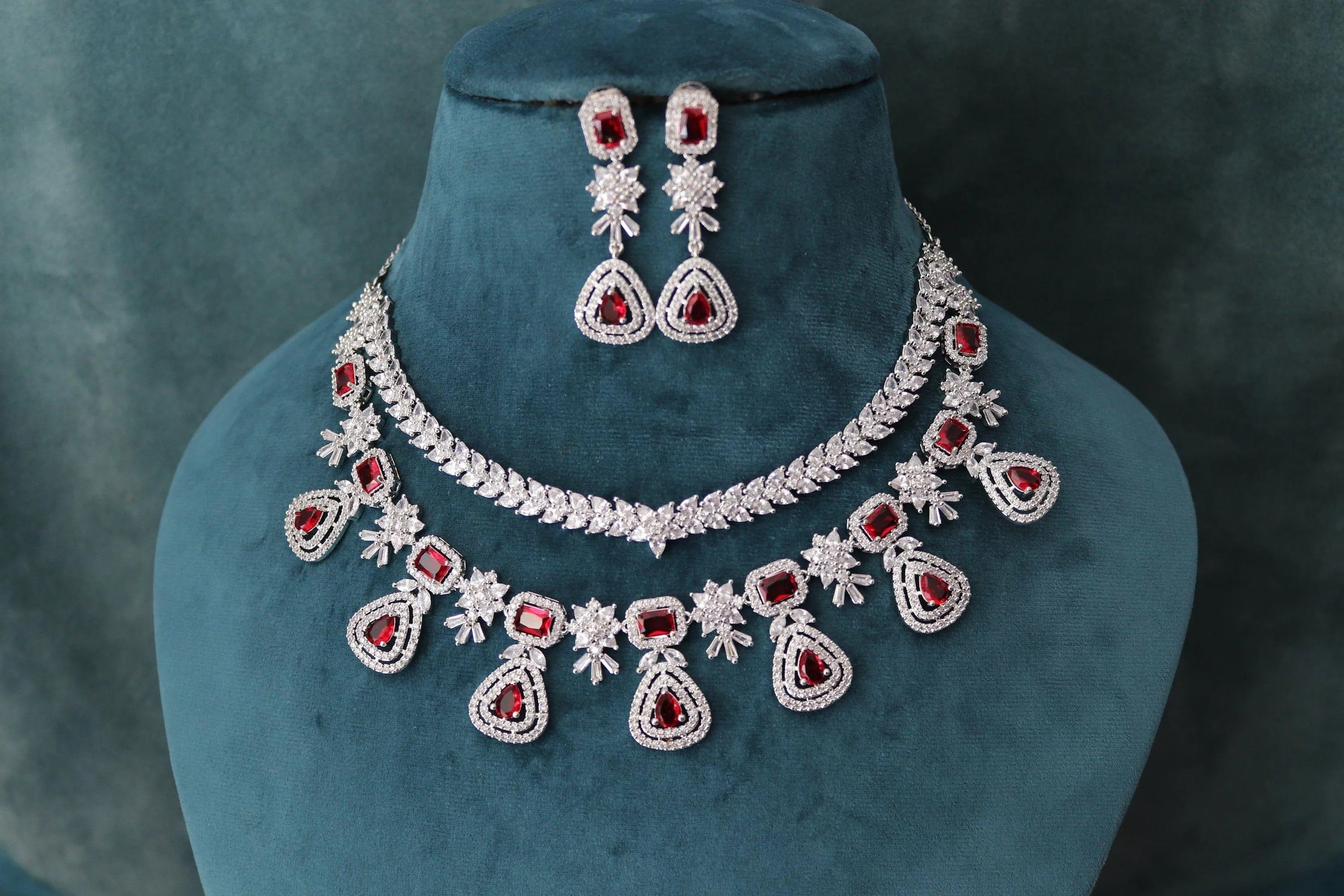 Two Layer Ruby Red Diamond CZ Necklace