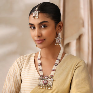 Uncut Long Pearl Necklace Set with Ruby Detailing with Earrings and Tikka