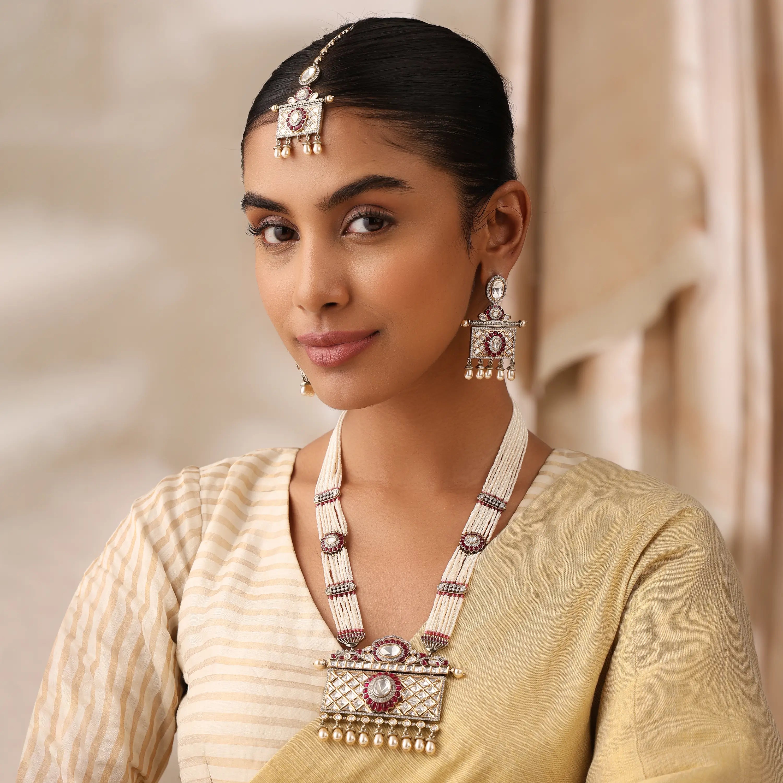 Uncut Long Pearl Necklace Set with Ruby Detailing with Earrings and Tikka