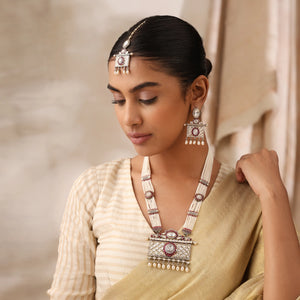 Uncut Long Pearl Necklace Set with Ruby Detailing with Earrings and Tikka