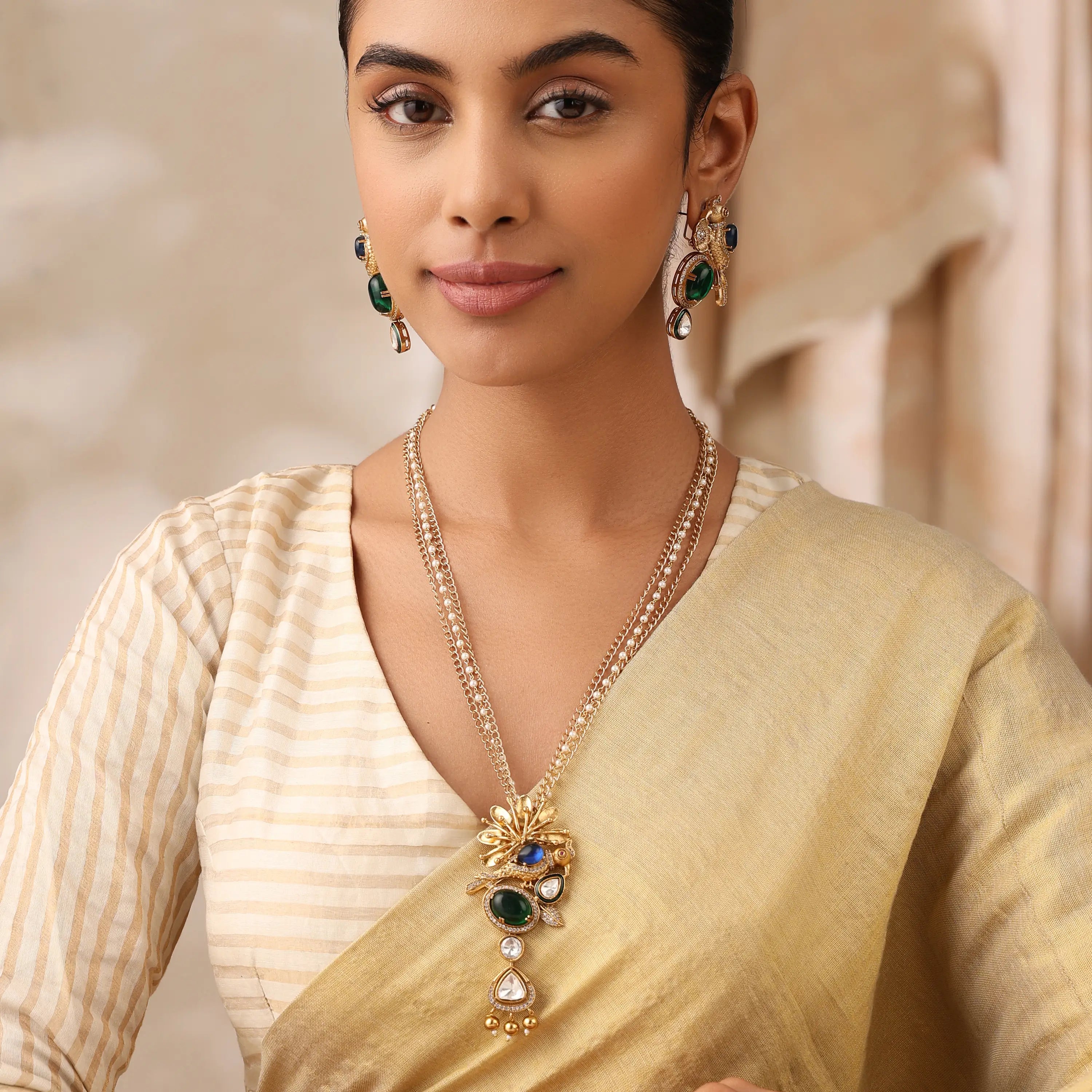 Neelima Long Emerald Pendant Set