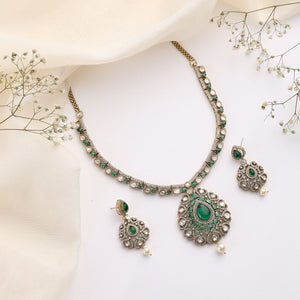Nivara Green Polki Kundan Necklace Set (With Earrings)
