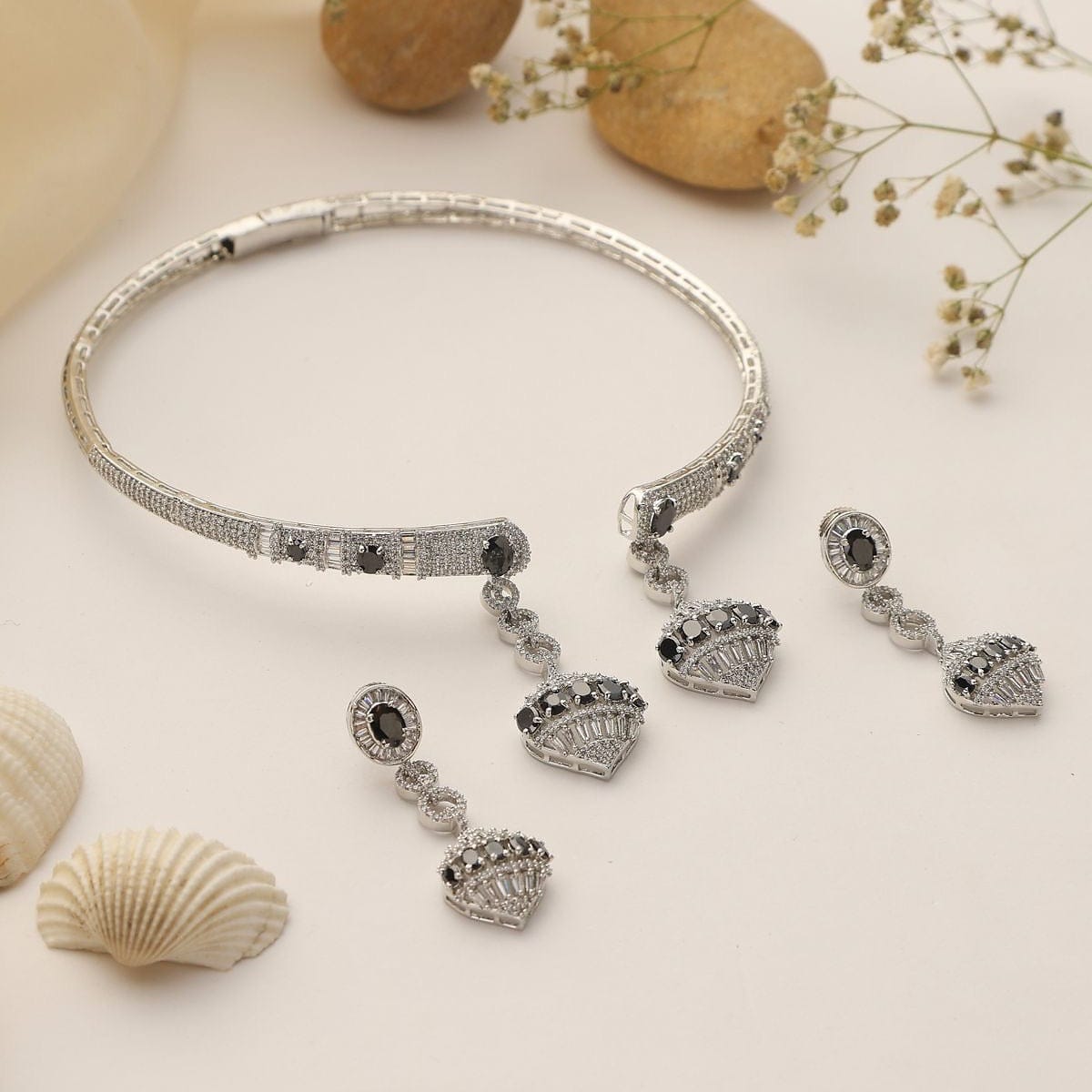 Noir Charm CZ Choker Necklace with Earrings – Black & Silver Finish