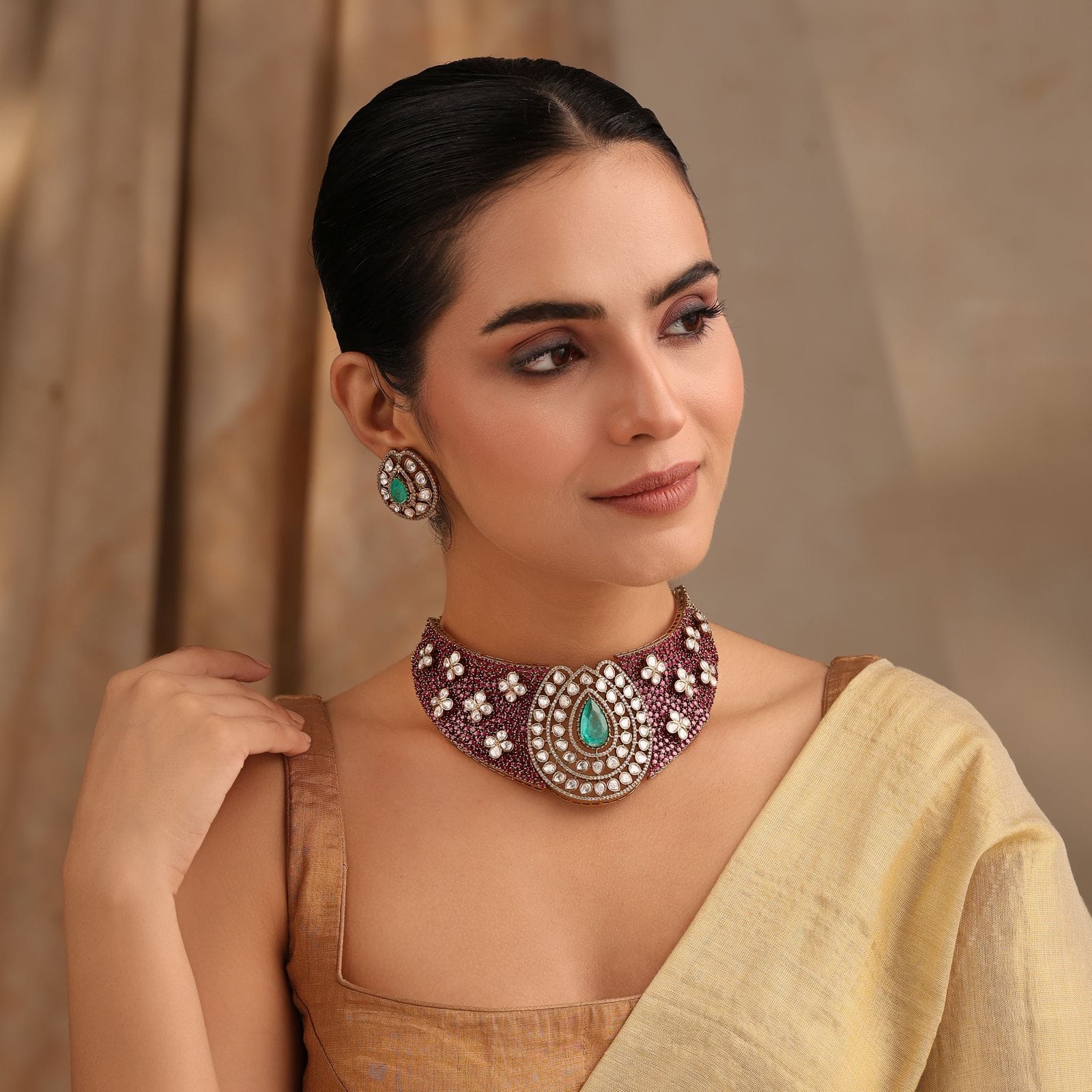Noorani Ruby Mint Choker in Antique Finish with Earrings
