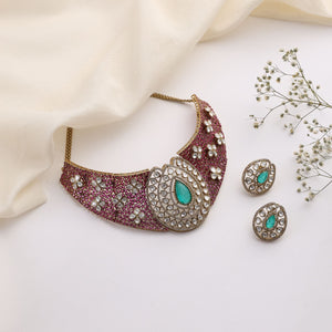 Noorani Ruby Mint Choker in Antique Finish with Earrings