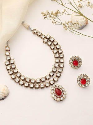 Noorika double layer Kundan necklace front view with ruby drop pendant