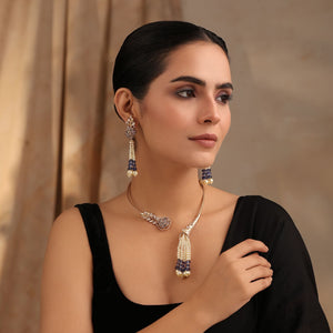 Nure Purple Tassel Collar Rose Necklace Set with Earrings