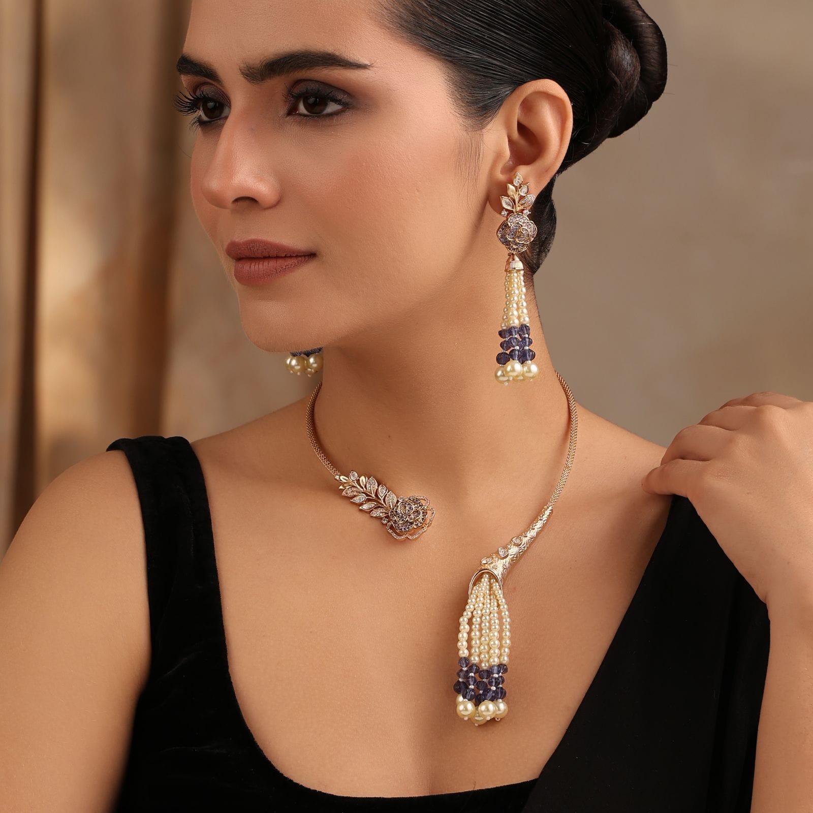 Nure Purple Tassel Collar Rose Necklace Set with Earrings