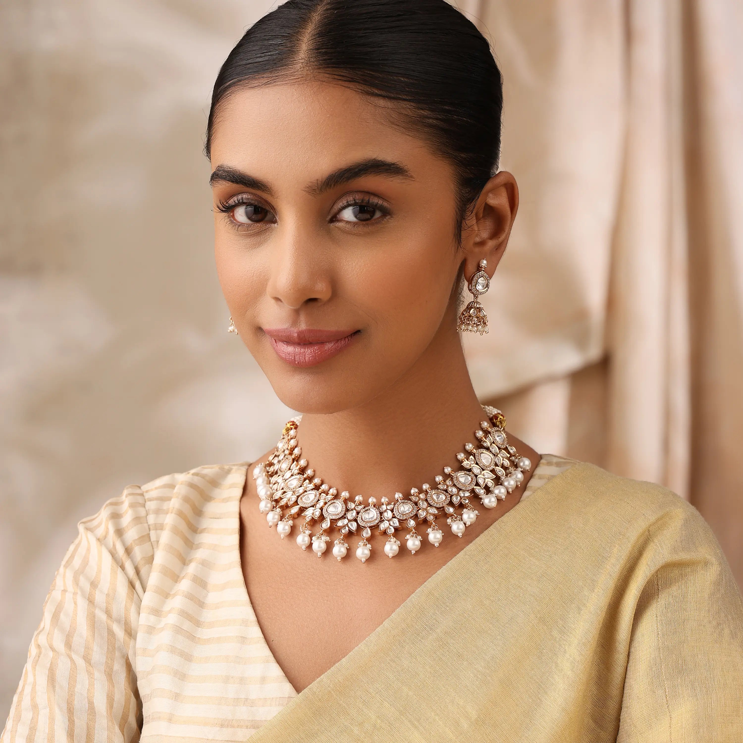 Pearl Royale Uncut Polki Choker Set with Pearl Drops & Jhumka Earrings