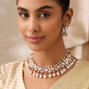 Pearl Royale Uncut Polki Choker Set with Pearl Drops & Jhumka Earrings