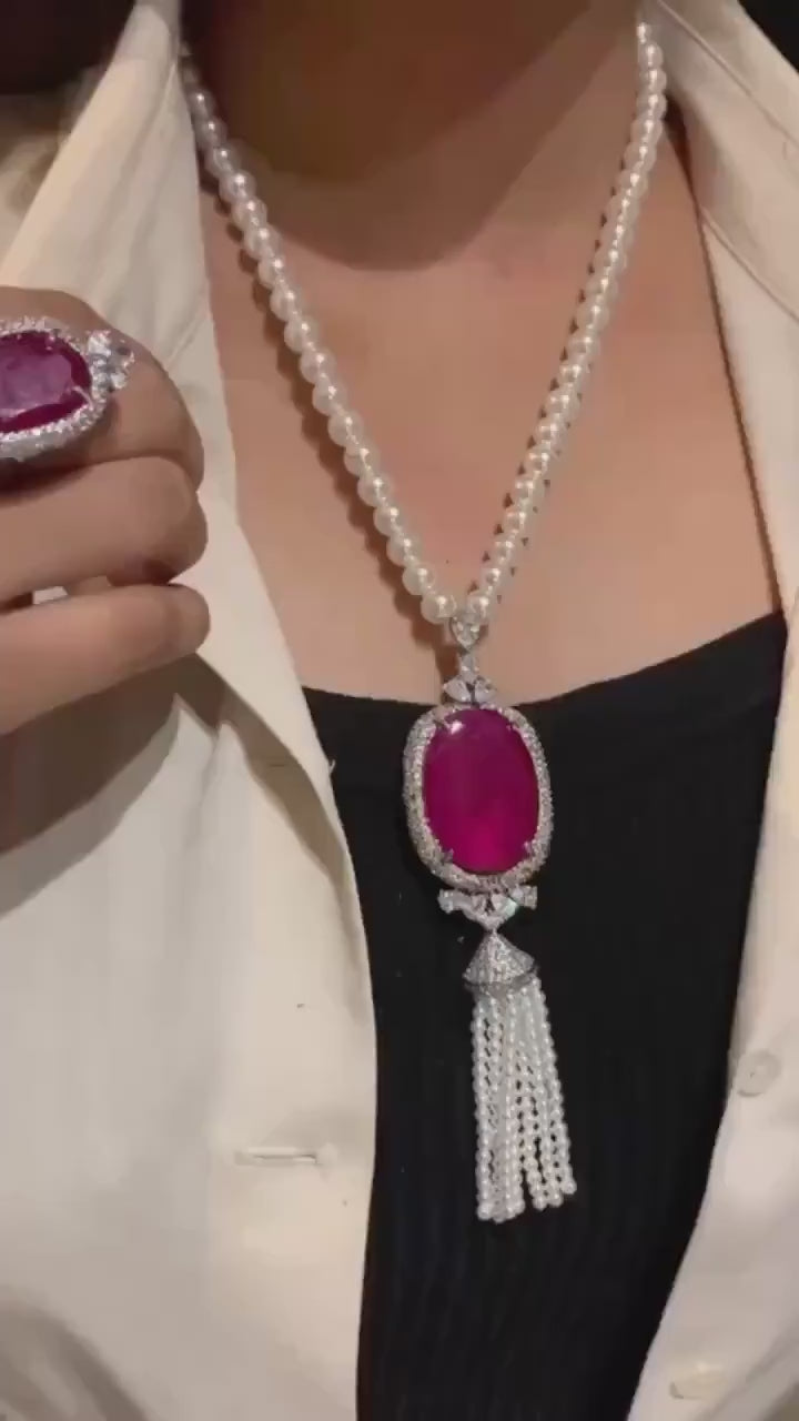 Ruby Pearl Pendant long Necklace with Earrings / Long Indian Necklace/ Indian Jewelry/ Green beads Necklace/ Pakistani Jewelry