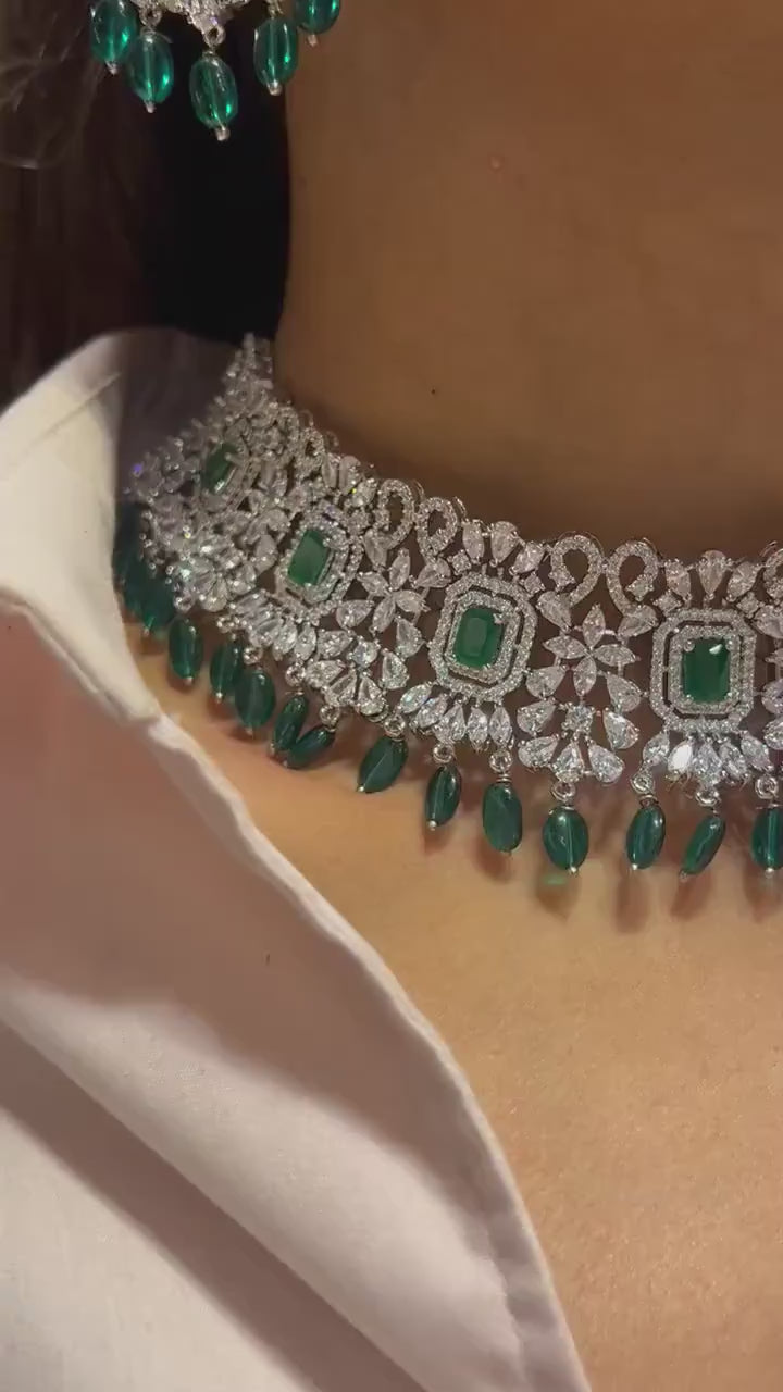 Pari Emerald Diamond Choker CZ Choker American Diamond Necklace Set Choker Necklace Indian Cubic Zirconia Necklace Pakistani Jewelry
