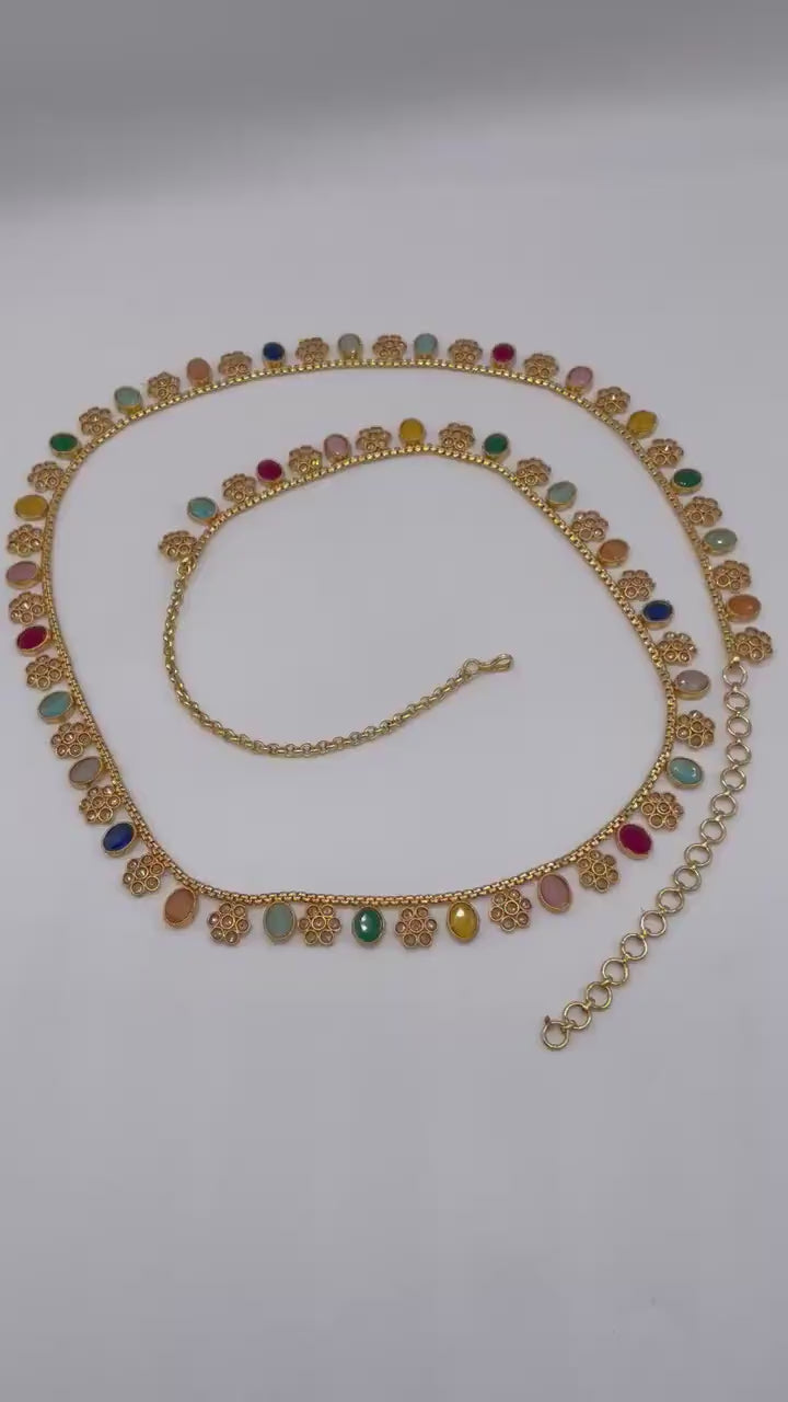 Multicolored Gold Adjustable Waist Chain Belly Chain Kamarbandh Kamarpatta Vaddanam Sari Belt Sari Chain