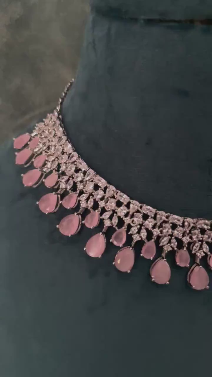 Pink Silver Diamond Necklace / Indian Jewelry/ Indian Choker/ Pakistani Jewelry/ Pakistani Necklace/ Crystal Choker