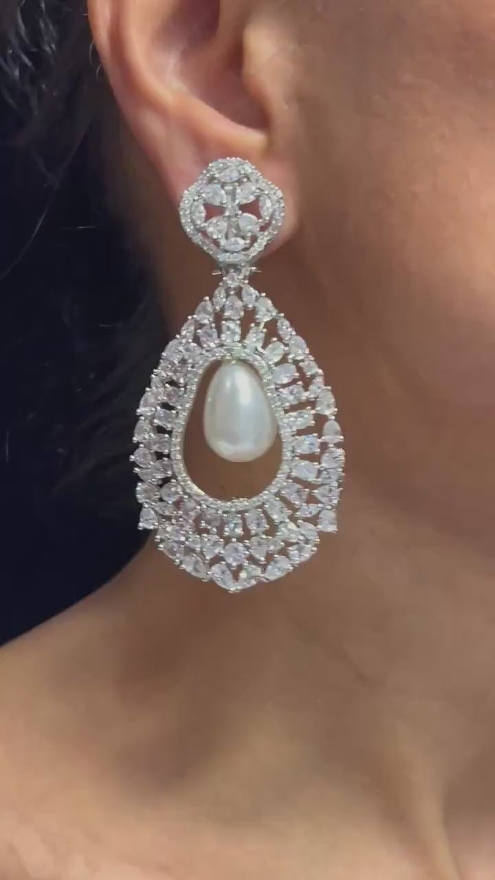 CZ Pearl Diamond Chandbali Pearl Earrings American Diamond Pakistani Earrings CZ Earrings Chaandbali Indian Earrings Pakistani Jewelry