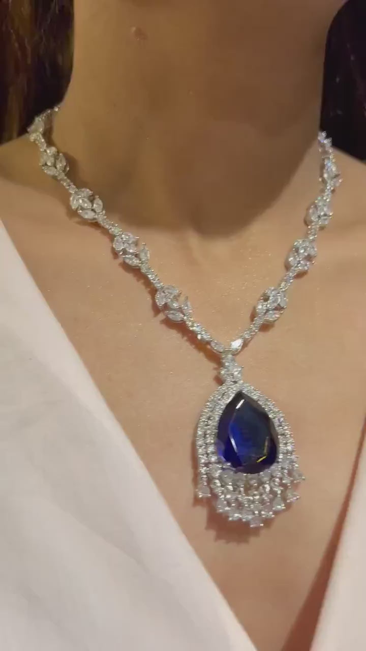 Nora Sapphire Blue CZ Pendant Necklace Statement Jewelry Statement Necklace Diamond Crystal American Diamond Indian Jewelry