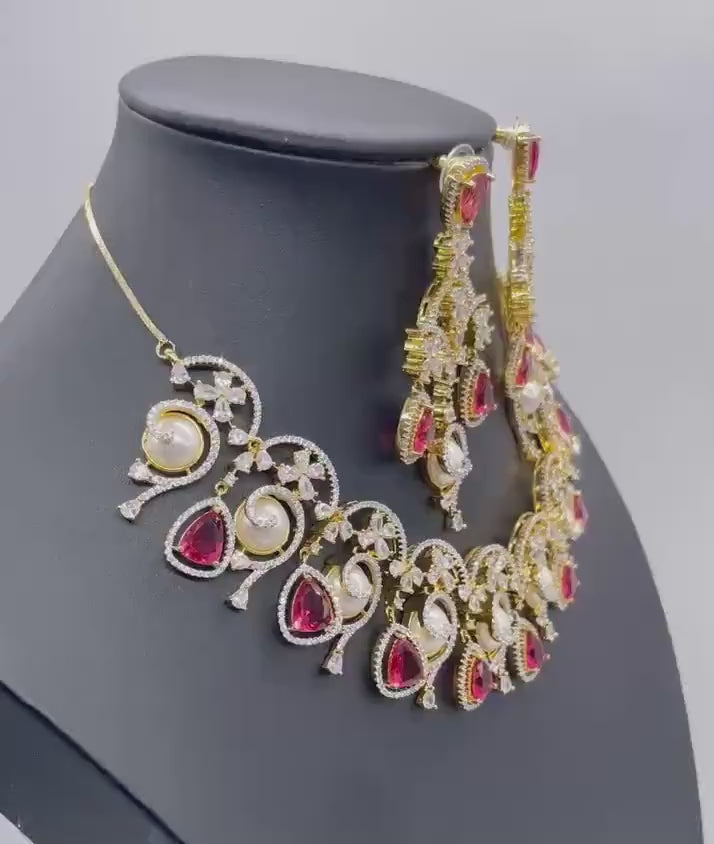 Ruby CZ Necklace in Gold Rhodium American Diamond Necklace CZ Necklace Set Indian Jewelry Pakistani Jewelry Crystal Necklace Red CZ Necklace