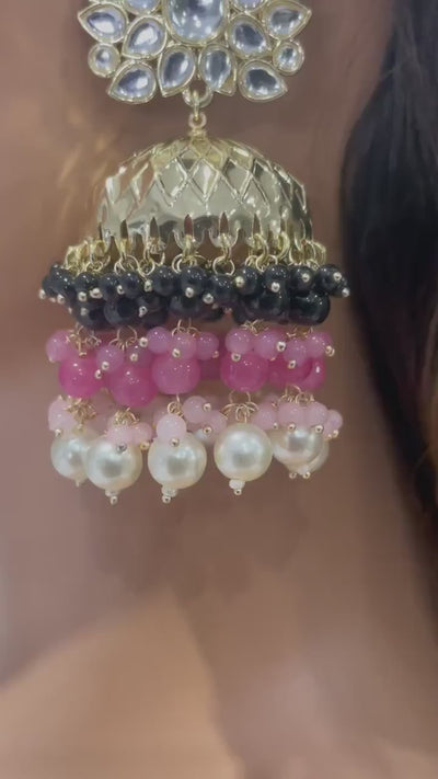 Black - Pink Jhumkas / Indian Jewelry / Pakistani Jewelry/ Indian Jhumka/ Gold Jhumka/ Jhumkas/ Punjabi Jewelry/ Jhumka