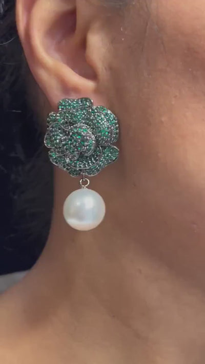 Emerald Rose Studs Removable Pearl Statement Studs Statement Earrings Indian Studs American Diamond Earrings Unique Earrings