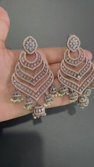 Black Rose Gold Diamond Chaandbali Indian Earring  Indian Jewelry Pakistani Jewelry American Diamond Cubic Zirconia Earrings Statement