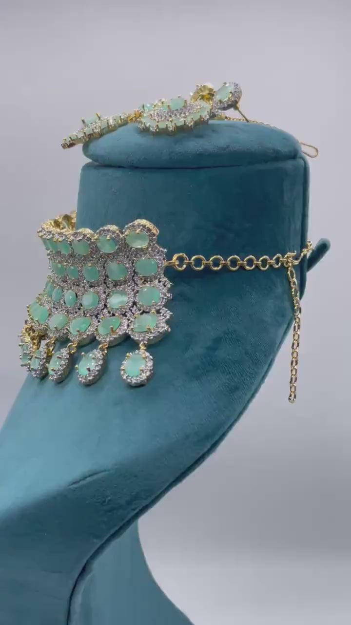 Mint CZ Gold Choker • Diamond Choker •American Diamond Necklace Set • Pakistani Jewelry •  Jewelry • CZ Choker Necklace