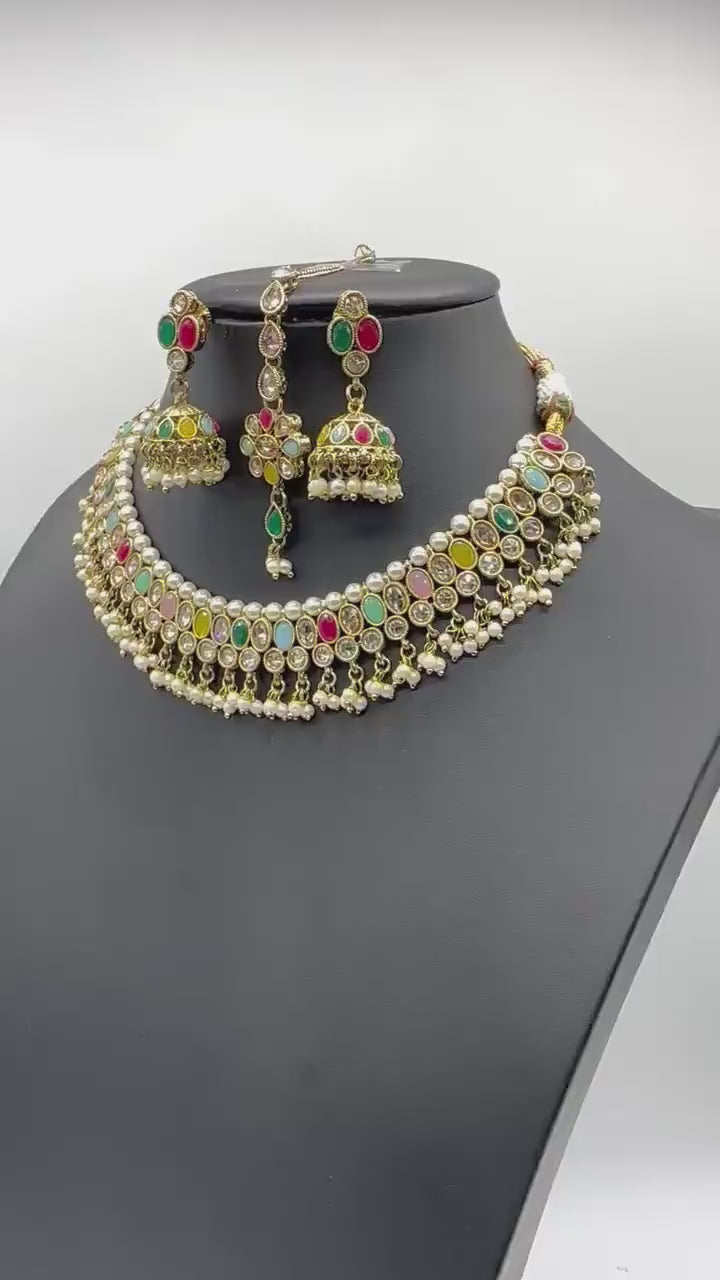 Zoe Navratan Polki Necklace with Jhumkey and tikka / Antique Gold Necklace with Tikka/ Indian Jewelry/ Bollywood Jewelry/ Pakistani Jewelry
