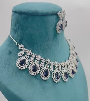 Sapphire CZ Necklace Indian Necklace  Indian Jewelry Pakistani Jewelry Crystal Necklace  Blue Crystal Necklace American Diamond Necklace