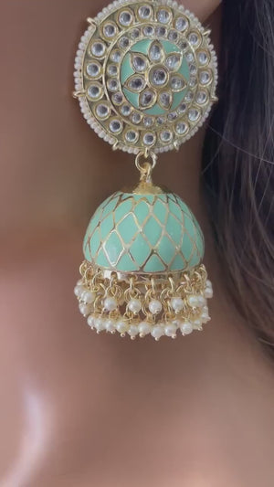 Big Mint Jhumkas / Indian Earrings/ Indian Jewelry/ Bollywood Jewelry / Orange Earrings/ Meenakari Jhumka/ Kundan Earring/Pakistani Jewelry