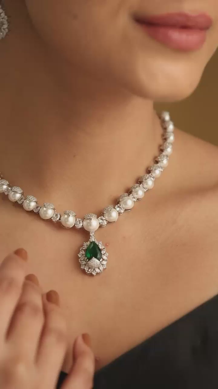 Pearl necklace with emerald-green pendant and CZ accents