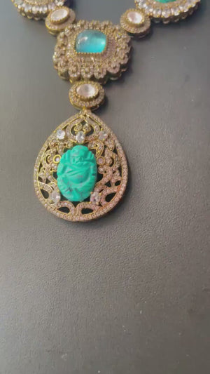 Pre Order Turquoise Victorian Long Necklace Set, Indian Long Necklace, Victorian Jewelry India Made of Semiprecious Stones, Kundan Long