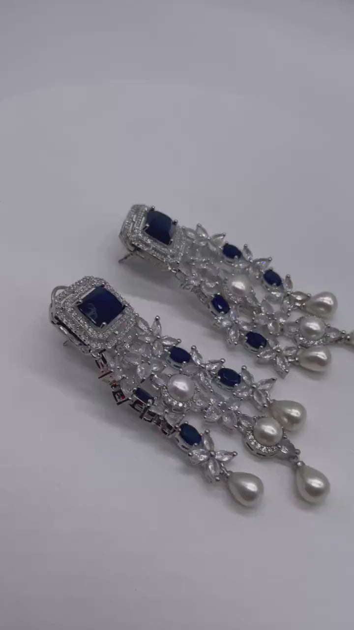 Vanya Sapphire CZ Pearl Dangle Earrings / Indian Jewelry / Pakistani Jewelry / Punjabi Jewelry/ Bollywood Jewelry/