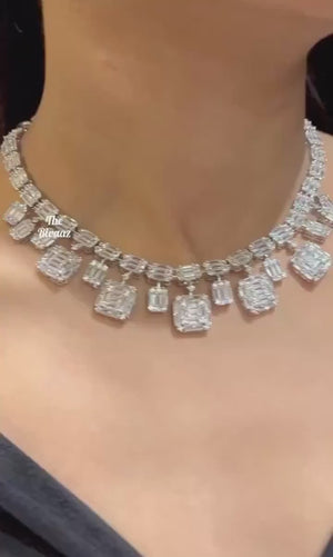 White Cubic Zirconia Baguette Diamond Necklace with earrings Wedding Jewelry Unique Jewelry American Diamond Necklace Set CZ Necklace India