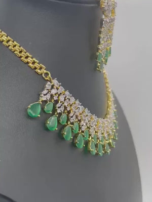 June Gold Emerald Green CZ Diamond Necklace Statement Jewelry Statement Necklace Pakistani Jewelry Indian Necklace CZ choker AmericanDiamond